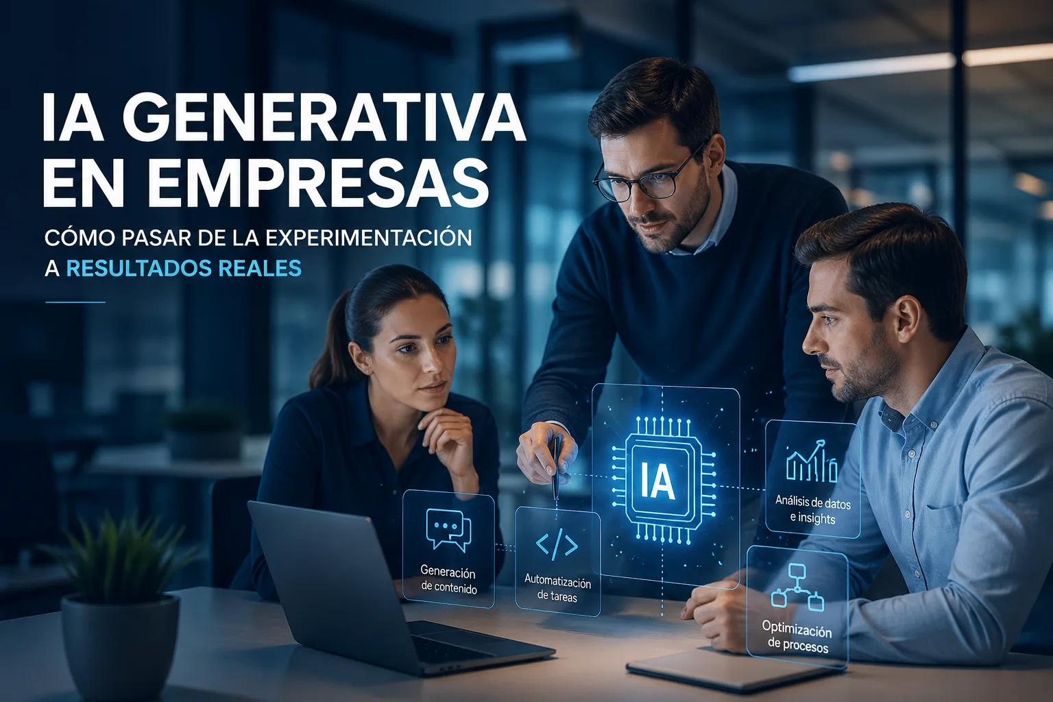 Concepto de IA generativa aplicada a empresas: cerebro digital sobre interfaces de datos