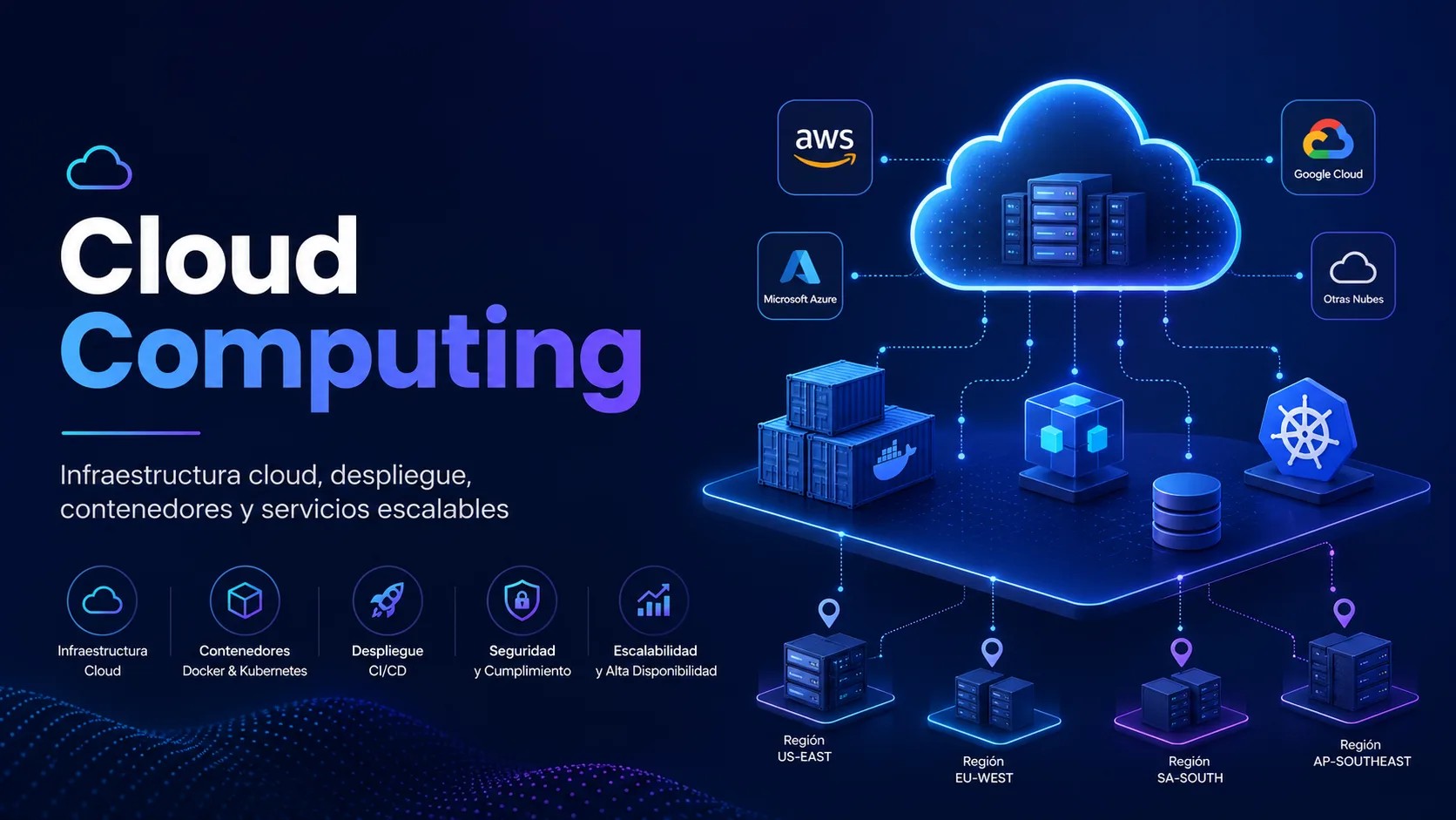 Ilustración de cloud computing — AWS, Azure y Google Cloud
